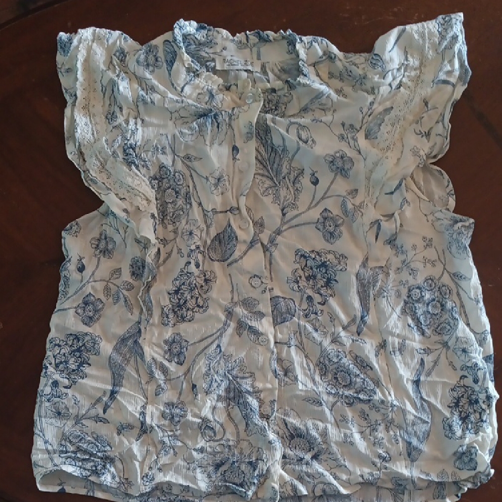 Rachel Zoe White and Blue Ruffled Smocked Blouse